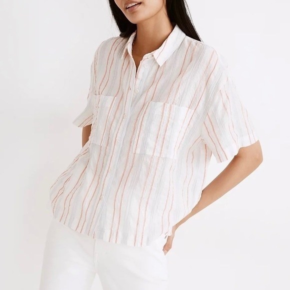 Madewell Women's Striped Short Sleeve Button Down Shirt Top - Picture 1 of 8